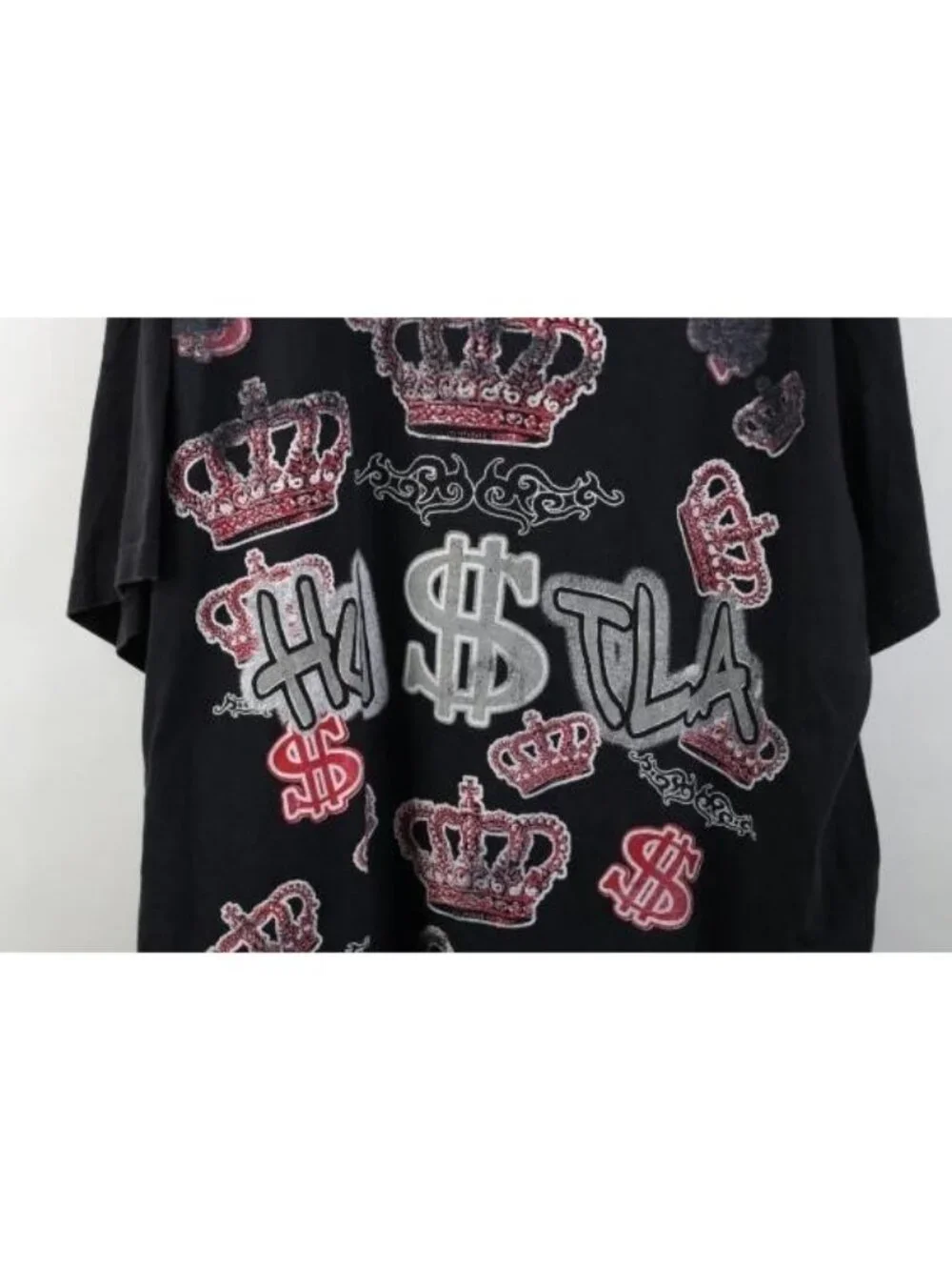 Vintage Streetwear Mens 3XL Distressed Hustla Money Tribal Crown T-Shirt Black